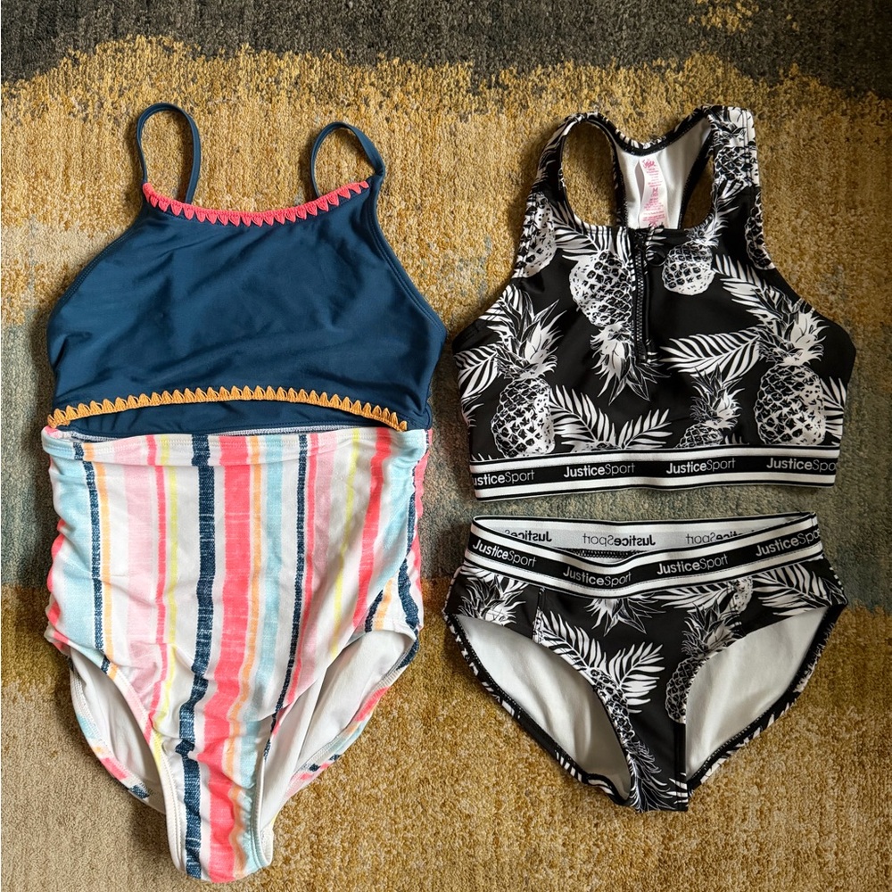 Girls Two-Piece Justice Sport Bikini Set and Striped Art Class Swimsuit size 10
